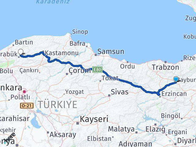 Bayburt Safranbolu Karabük Arası Kaç Km - Yol Haritası
