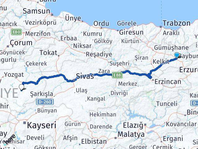 Bayburt Sarıkaya Yozgat Arası Kaç Km - Yol Haritası