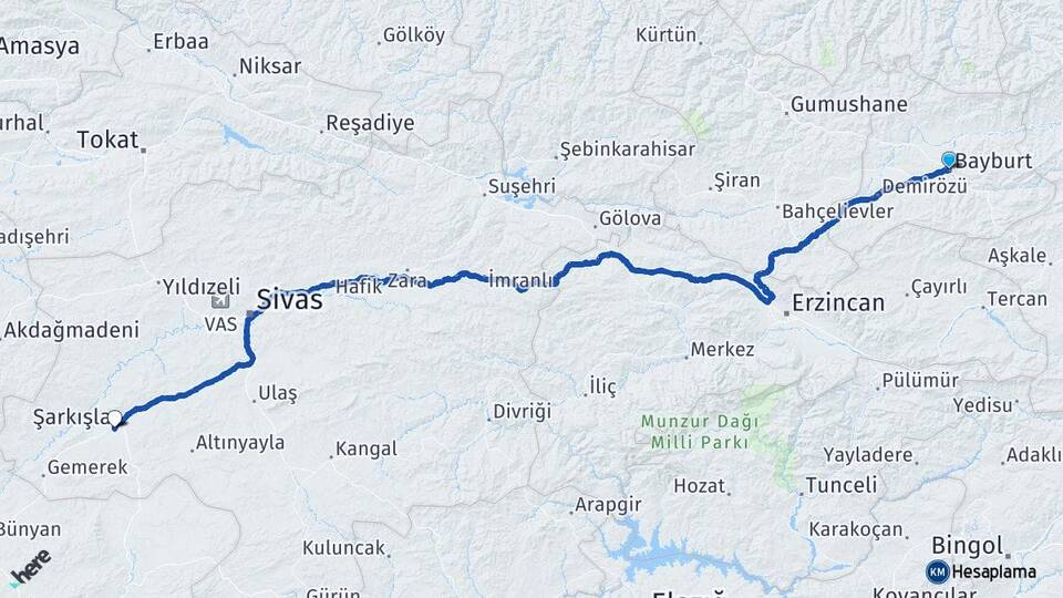 Bayburt Şarkışla Sivas Arası Kaç Km - Yol Haritası