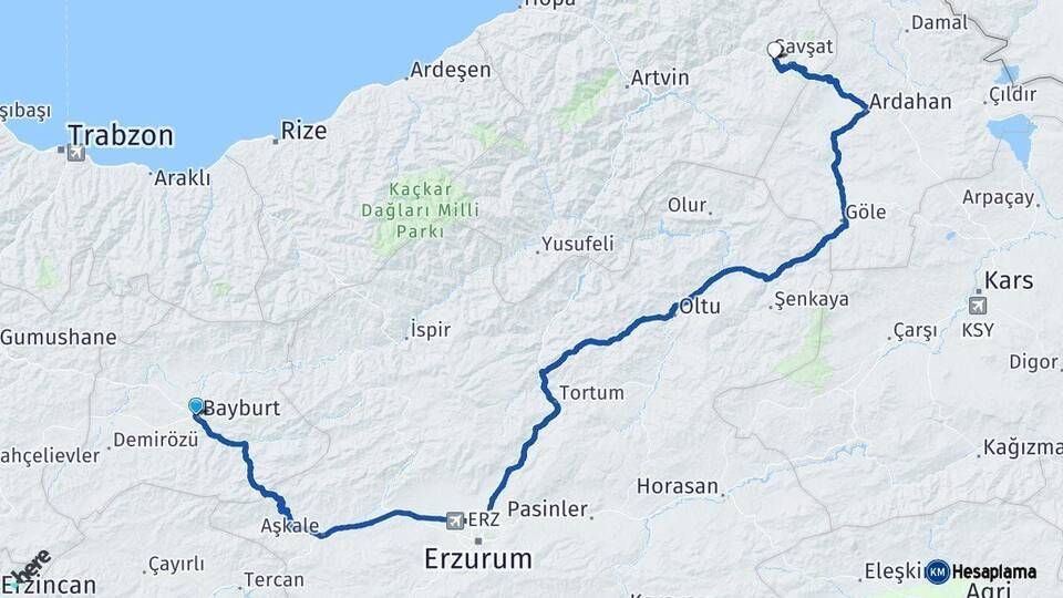 Bayburt Şavşat Artvin Arası Kaç Km - Yol Haritası