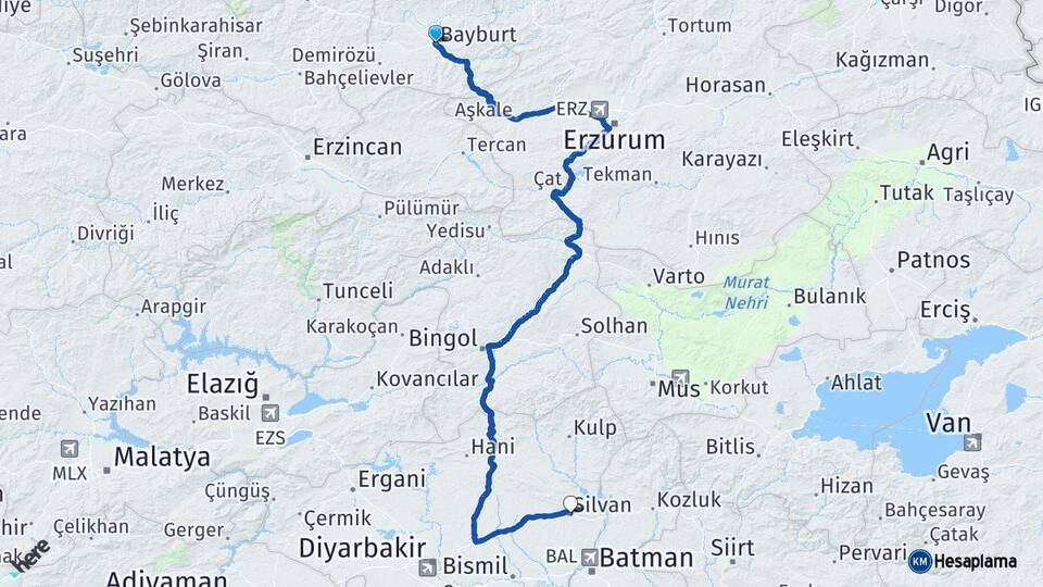 Bayburt Silvan Diyarbakır Arası Kaç Km - Yol Haritası