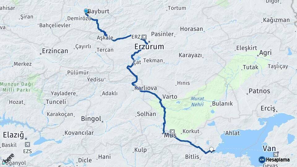 Bayburt Tatvan Bitlis Arası Kaç Km - Yol Haritası