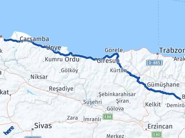 Bayburt Tekkeköy Samsun Arası Kaç Km - Yol Haritası