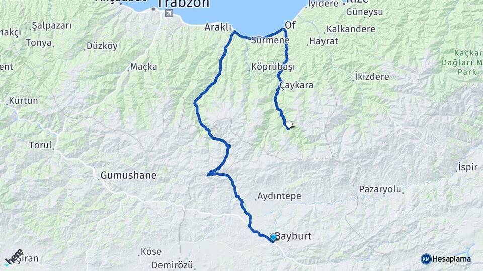 Bayburt Uzungöl Çaykara Trabzon Arası Kaç Km - Yol Haritası