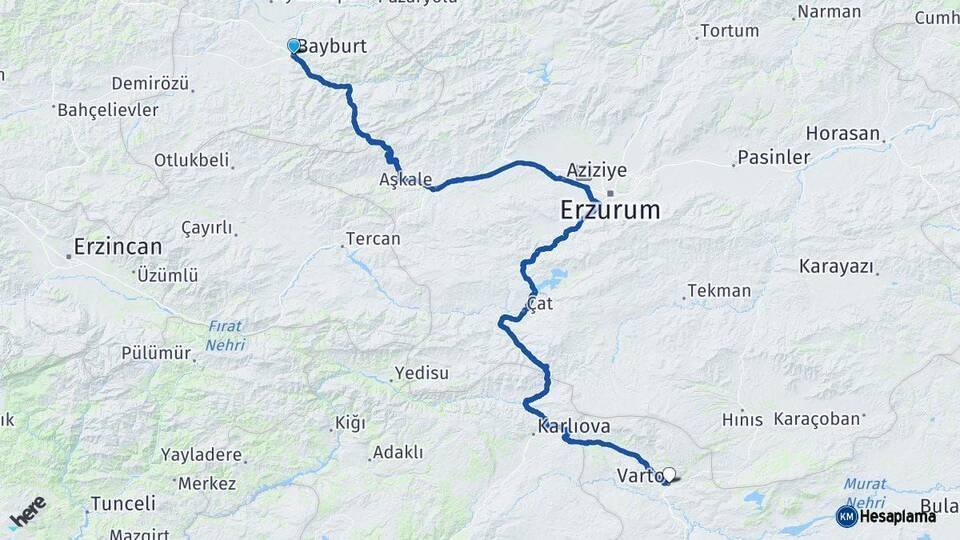 Bayburt Varto Muş Arası Kaç Km - Yol Haritası