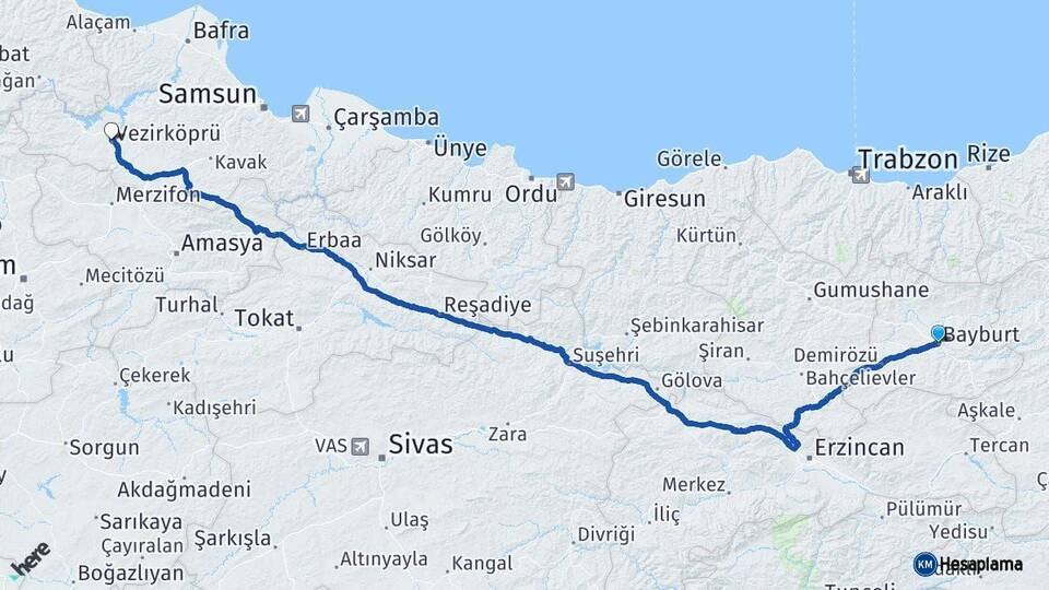 Bayburt Vezirköprü Samsun Arası Kaç Km - Yol Haritası