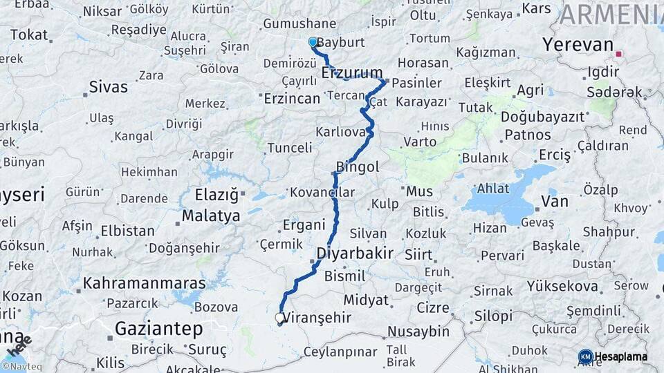 Bayburt Viranşehir Şanlıurfa Arası Kaç Km - Yol Haritası