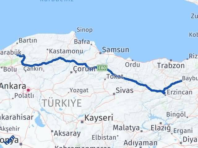 Bayburt Yenice Karabük Arası Kaç Km - Yol Haritası