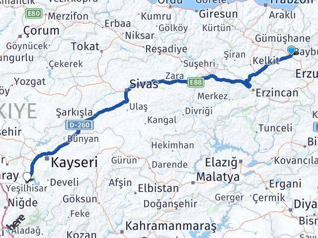 Bayburt Yeşilhisar Kayseri Arası Kaç Km - Yol Haritası