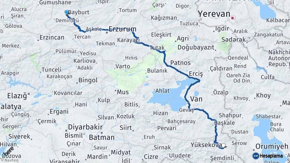 Bayburt Yüksekova Hakkari Arası Kaç Km - Yol Haritası