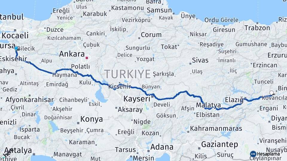 Bilecik Akbulut Palu Elazığ Arası Kaç Km - Yol Haritası