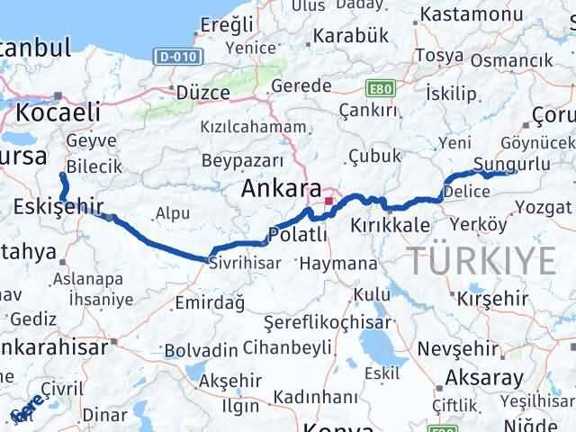 Bilecik Alaca Çorum Arası Kaç Km - Yol Haritası