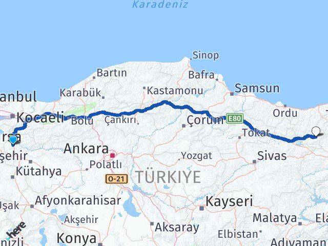 Bilecik Alucra Giresun Arası Kaç Km - Yol Haritası