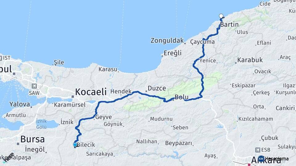 Bilecik Amasra Bartın Arası Kaç Km - Yol Haritası