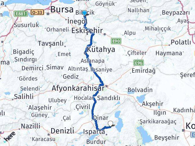 Bilecik Atabey Isparta Arası Kaç Km - Yol Haritası