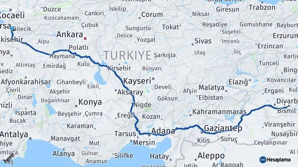 Bilecik Bismil Diyarbakır Arası Kaç Km - Yol Haritası