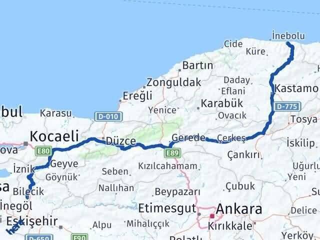Bilecik Bozkurt Kastamonu Arası Kaç Km - Yol Haritası