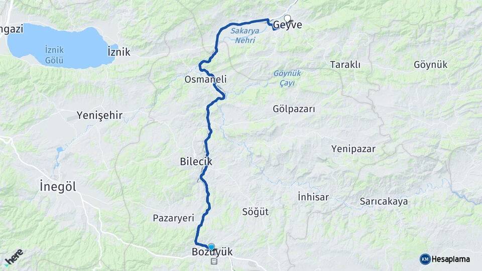 Bilecik Bozüyük Geyve Sakarya Arası Kaç Km - Yol Haritası