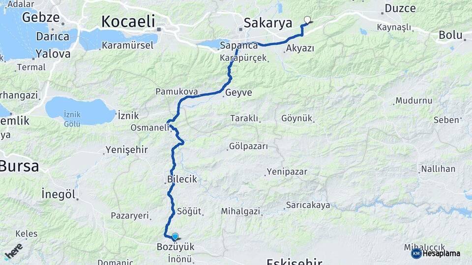 Bilecik Bozüyük Hendek Sakarya Arası Kaç Km - Yol Haritası