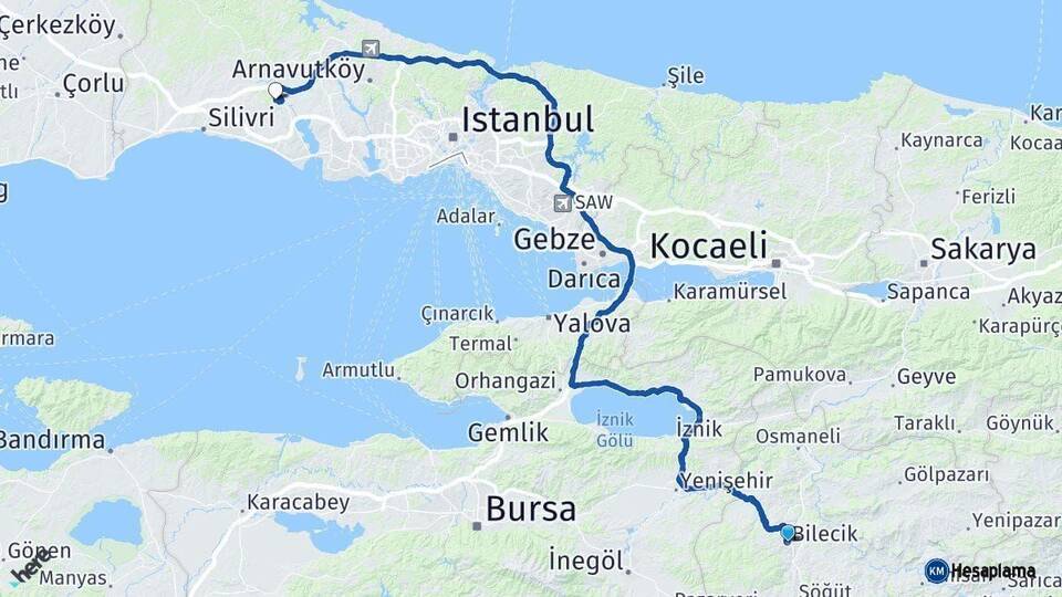 Bilecik Çatalca İstanbul Arası Kaç Km - Yol Haritası