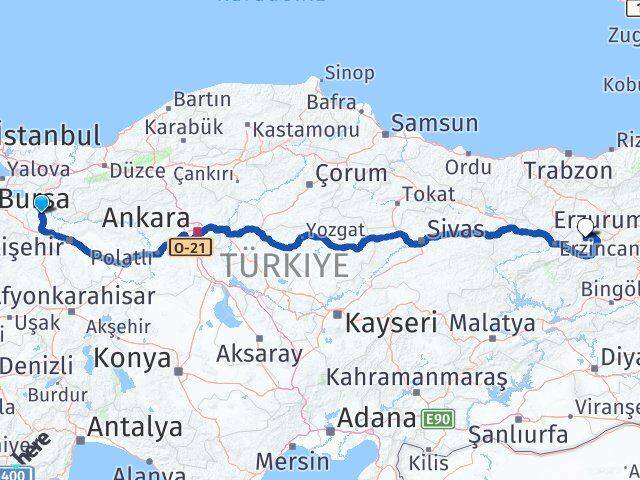 Bilecik Çayırlı Erzincan Arası Kaç Km - Yol Haritası