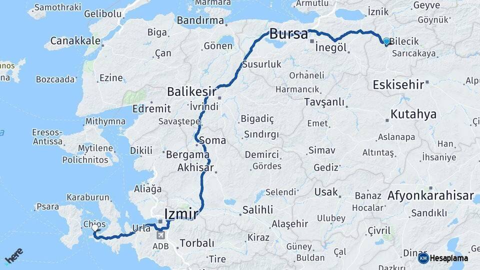 Bilecik Çeşme İzmir Arası Kaç Km - Yol Haritası