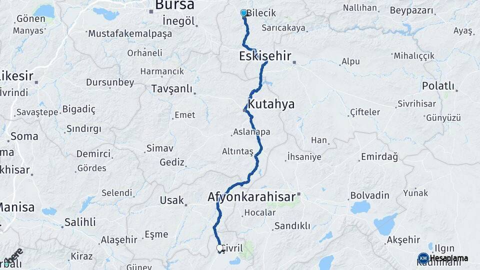 Bilecik Çivril Denizli Arası Kaç Km - Yol Haritası