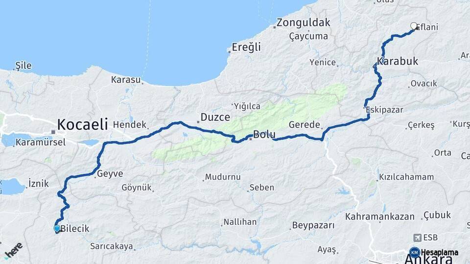 Bilecik Eflani Karabük Arası Kaç Km - Yol Haritası