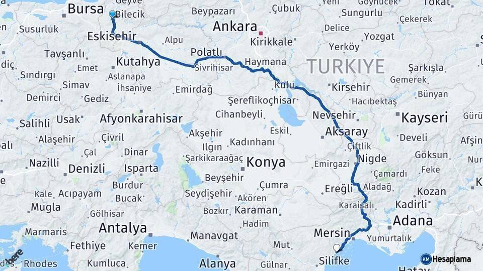 Bilecik Erdemli Mersin Arası Kaç Km - Yol Haritası