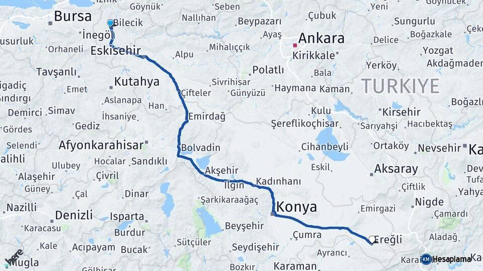 Bilecik Ereğli Konya Arası Kaç Km - Yol Haritası
