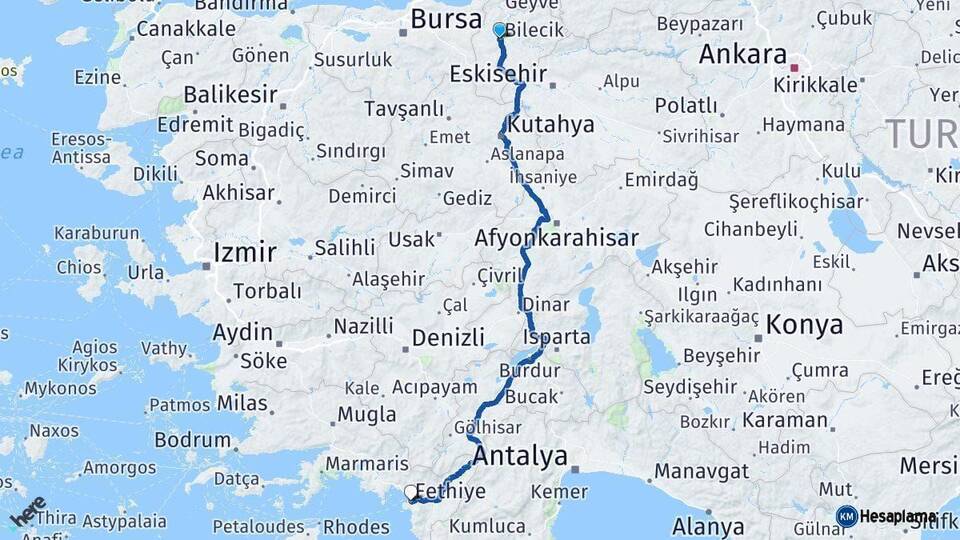 Bilecik Fethiye Muğla Arası Kaç Km - Yol Haritası