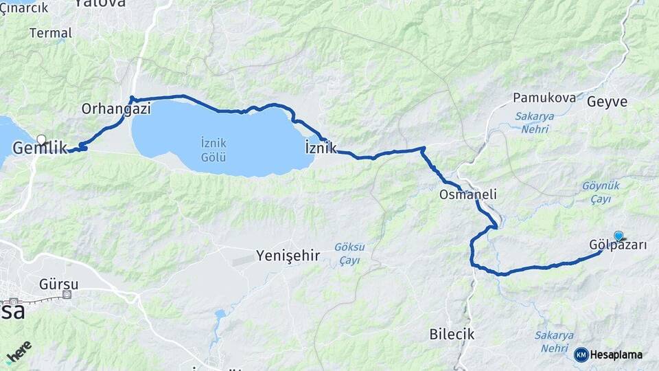 Bilecik Gölpazarı Gemlik Bursa Arası Kaç Km - Yol Haritası