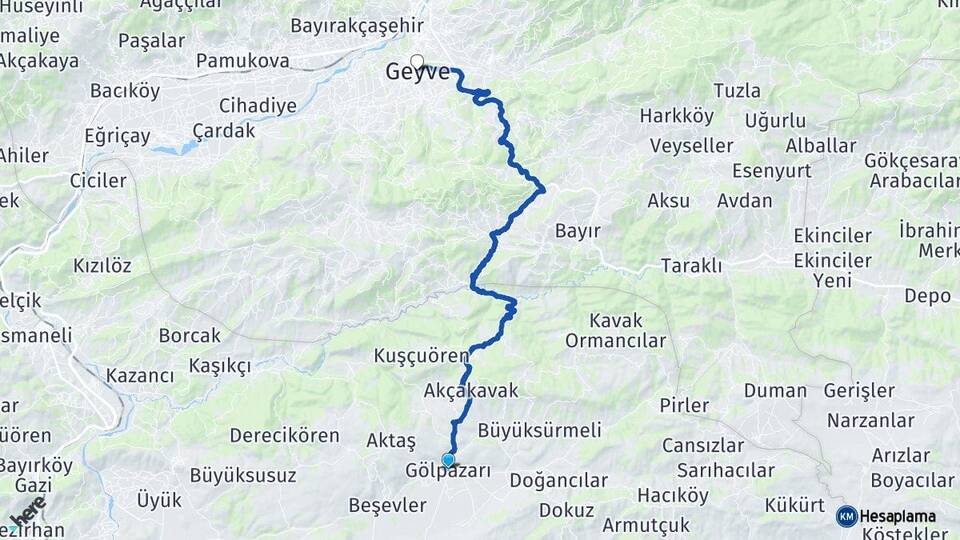 Bilecik Gölpazarı Geyve Sakarya Arası Kaç Km - Yol Haritası