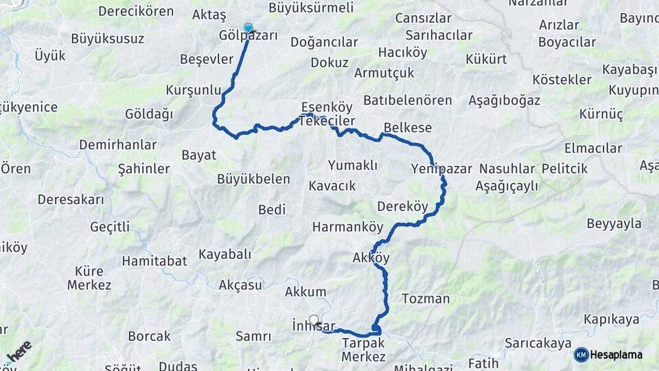 Bilecik Gölpazarı İnhisar Arası Kaç Km - Yol Haritası