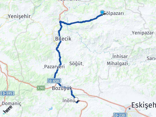 Bilecik Gölpazarı İnönü Eskişehir Arası Kaç Km - Yol Haritası