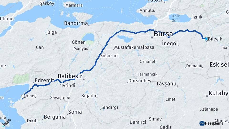 Bilecik Gömeç Balıkesir Arası Kaç Km - Yol Haritası