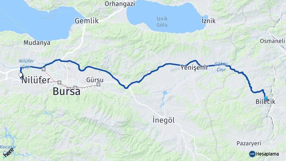 Bilecik Görükle Nilüfer Bursa Arası Kaç Km - Yol Haritası