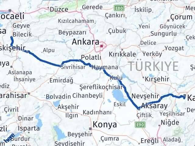 Bilecik Hacılar Kayseri Arası Kaç Km - Yol Haritası