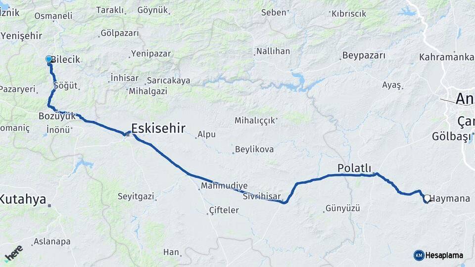 Bilecik Haymana Ankara Arası Kaç Km - Yol Haritası