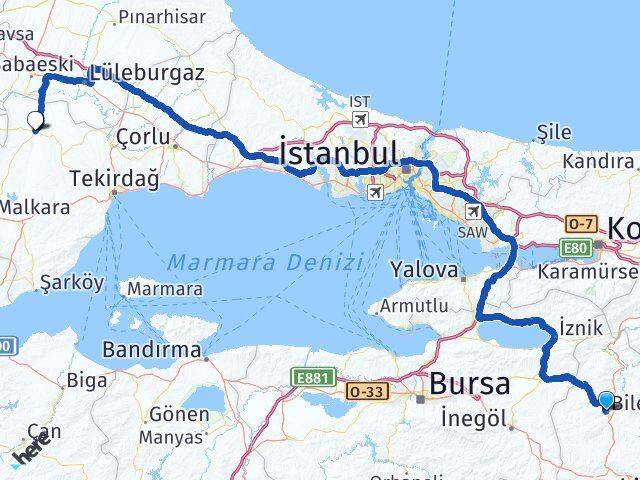 Bilecik Hayrabolu Tekirdağ Arası Kaç Km - Yol Haritası