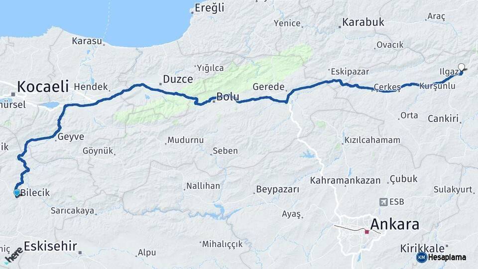 Bilecik Ilgaz Çankırı Arası Kaç Km - Yol Haritası