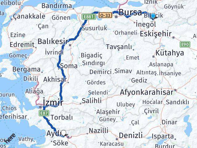 Bilecik İncirliova Aydın Arası Kaç Km - Yol Haritası