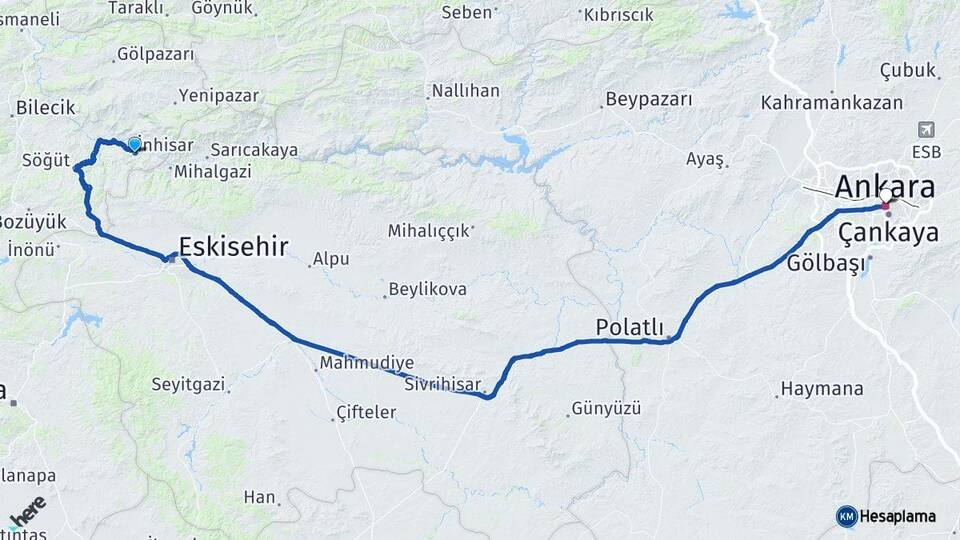 Bilecik İnhisar Ankara Arası Kaç Km - Yol Haritası