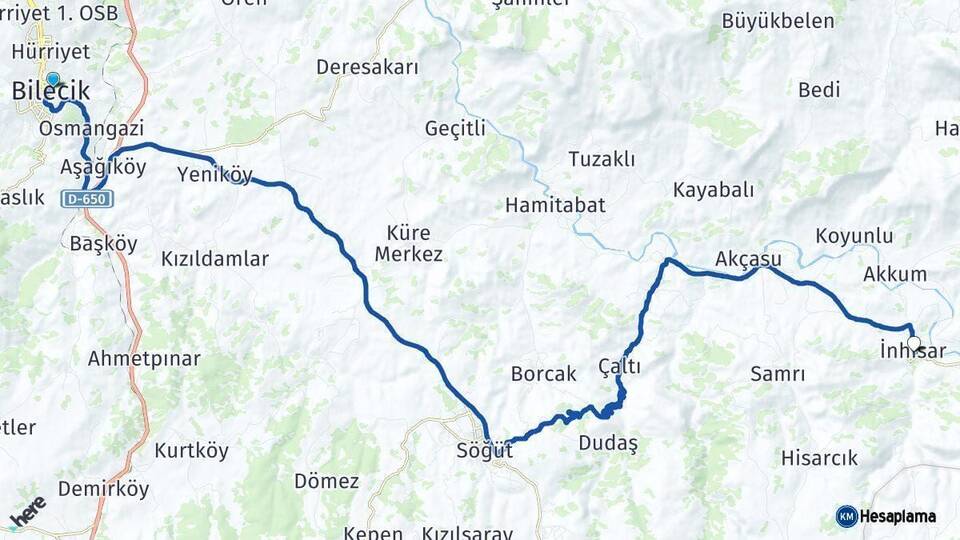 Bilecik İnhisar Arası Kaç Km - Yol Haritası