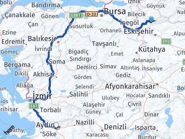 Bilecik İnhisar Aydın Arası Kaç Km - Yol Haritası