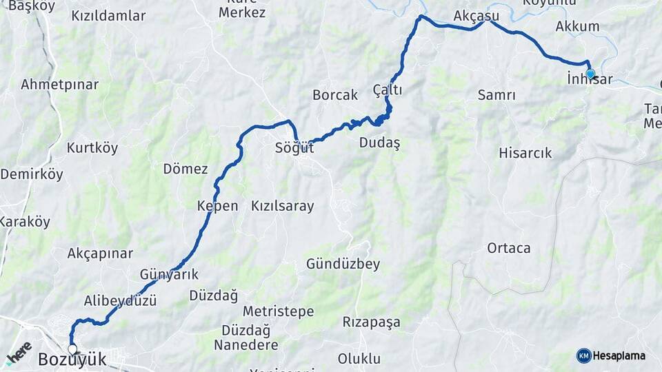 Bilecik İnhisar Bozüyük Arası Kaç Km - Yol Haritası