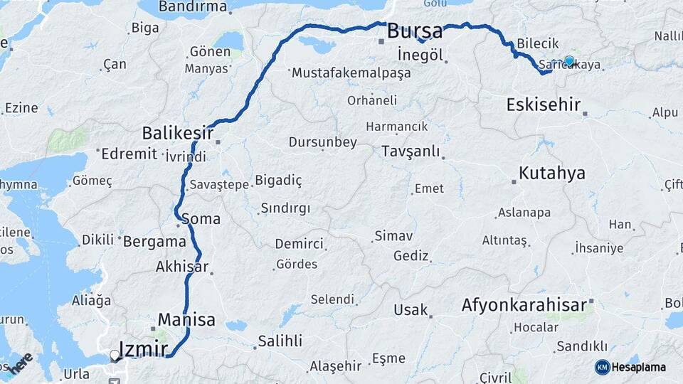 Bilecik İnhisar İzmir Arası Kaç Km - Yol Haritası