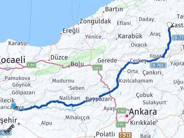 Bilecik İnhisar Kastamonu Arası Kaç Km - Yol Haritası