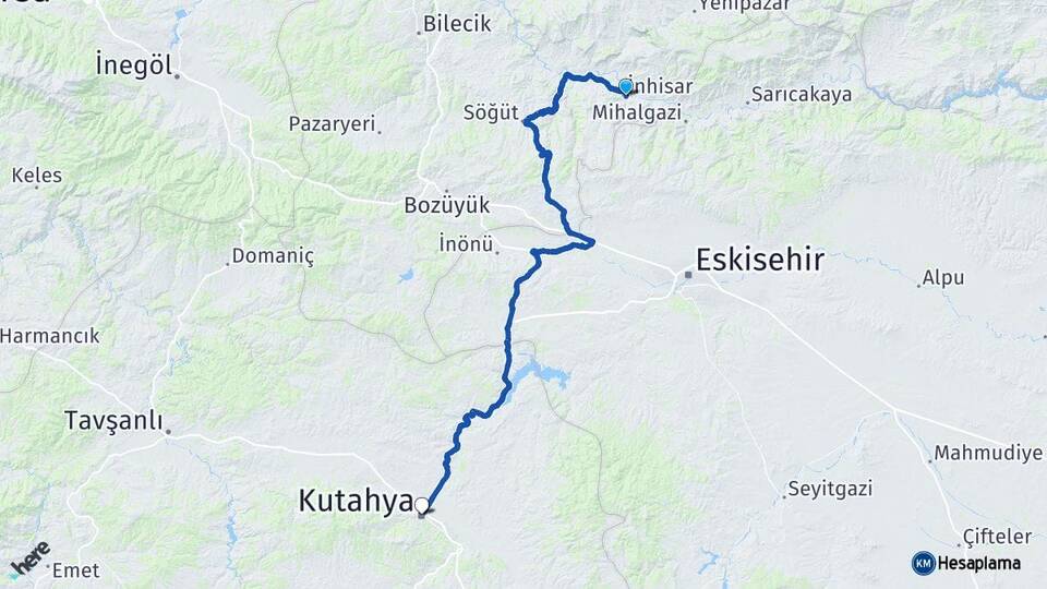 Bilecik İnhisar Kütahya Arası Kaç Km - Yol Haritası