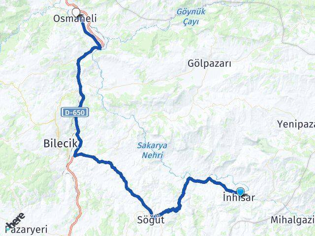 Bilecik İnhisar Osmaneli Arası Kaç Km - Yol Haritası